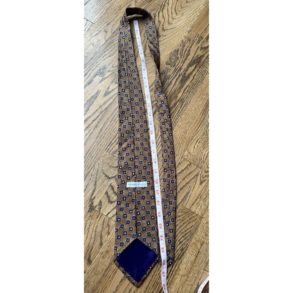 Perry Ellis Brown With Blue Squares 100% Italian Silk Men’s Tie‎ Career Work EUC - Picture 5 of 5